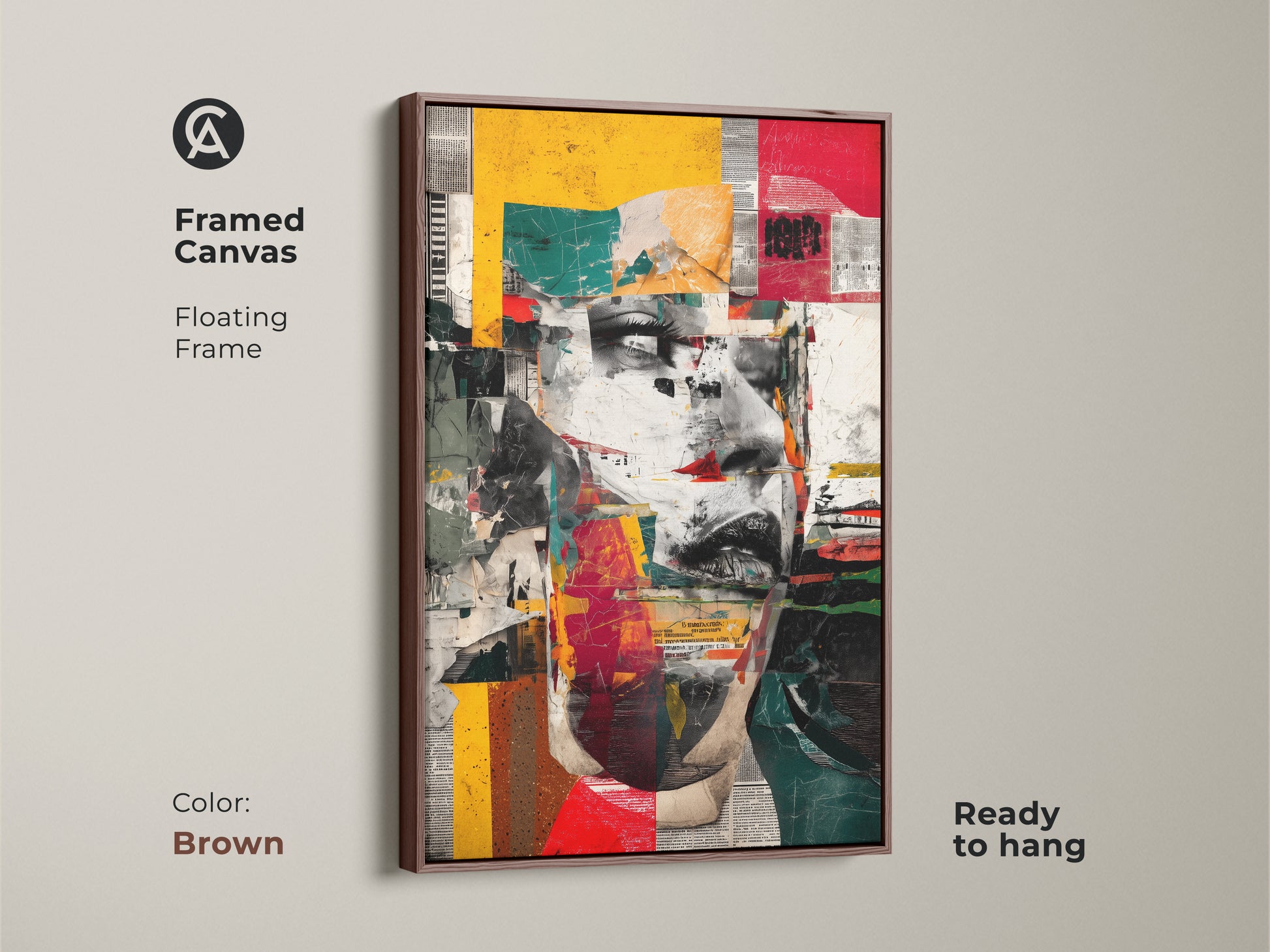 A framed canvas with a brown floating frame shows an abstract woman's face. The art features red yellow teal geometric shapes. It's an eclectic collage wall decor urban portrait artwork ready to hang.