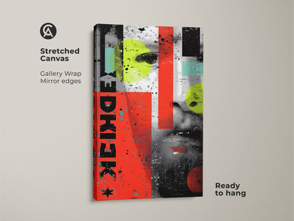 Stretched canvas of abstract portraiture. The grunge collage wall art has gallery wrapped mirrored edges. Eclectic red yellow and teal tones create a bold statement. Ready to hang this unique canvas art instantly elevates your space. This modern graphic art piece is perfect for living rooms and entry halls.