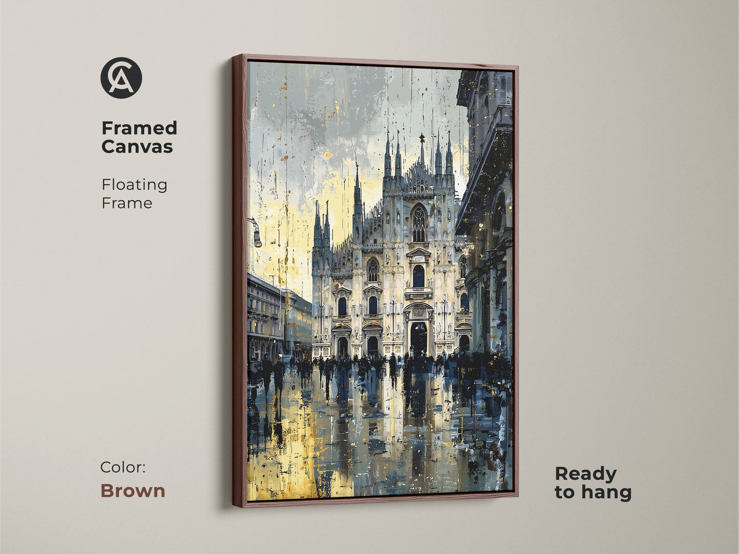 Framed Canvas in brown showcasing Milan Cathedral artwork. Floating frame enhances the artwork. Ready to hang and enjoy. Urban street scene print adds a contemporary touch. Blue yellow and gray tones create a sophisticated look.