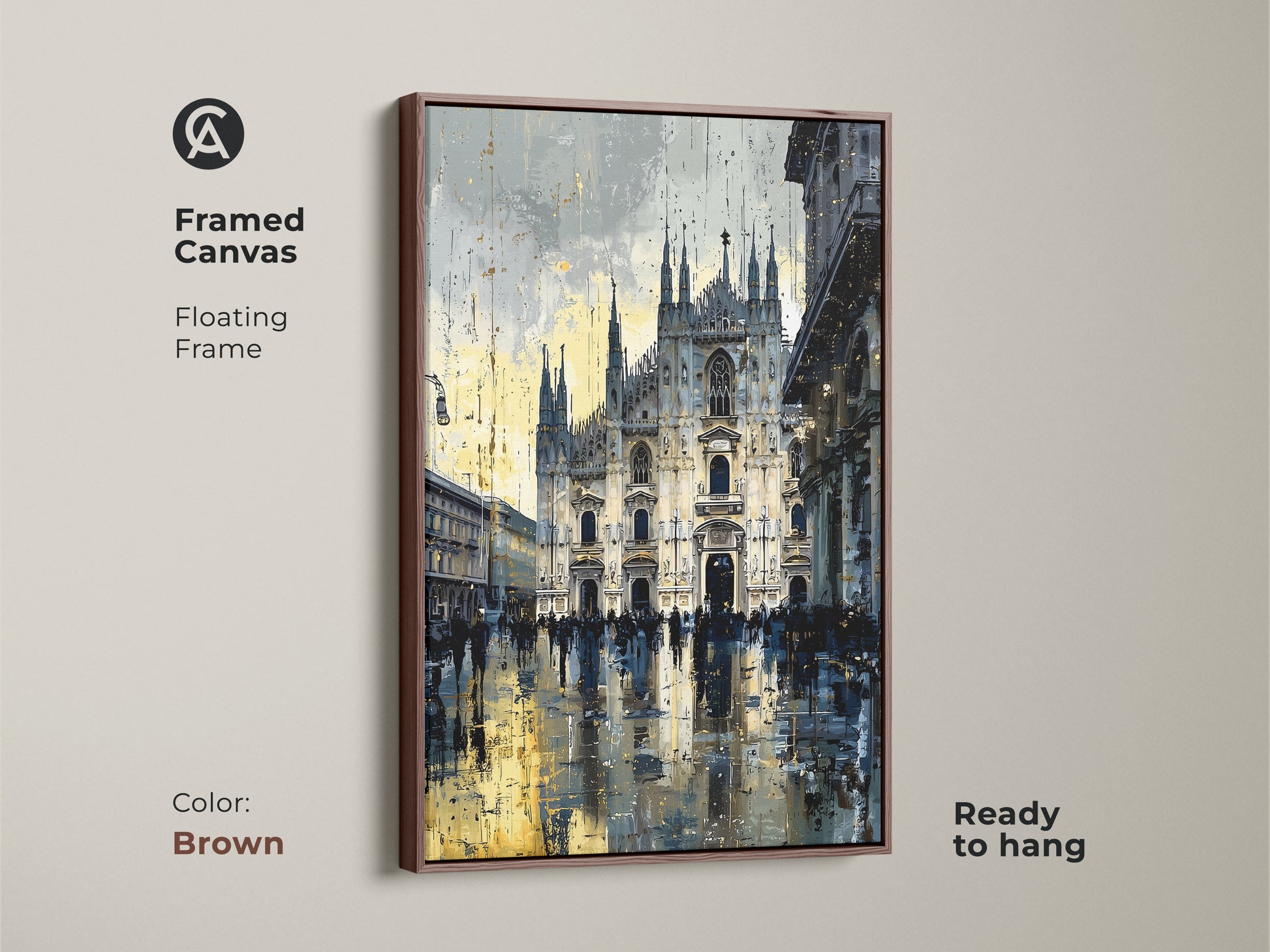 Framed Canvas in brown showcasing Milan Cathedral artwork. Floating frame enhances the artwork. Ready to hang and enjoy. Urban street scene print adds a contemporary touch. Blue yellow and gray tones create a sophisticated look.
