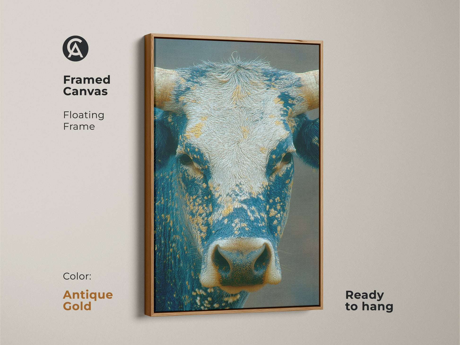 Framed canvas art of a majestic bull in an antique gold floating frame. This ready-to-hang artwork showcases a detailed blue and white bull. Enhance your wall decor with this rustic and elegant animal portrait. Perfect for art collectors.