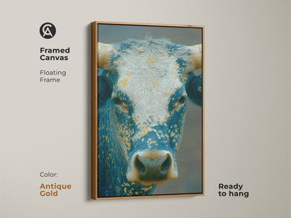 Framed canvas art of a majestic bull in an antique gold floating frame. This ready-to-hang artwork showcases a detailed blue and white bull. Enhance your wall decor with this rustic and elegant animal portrait. Perfect for art collectors.