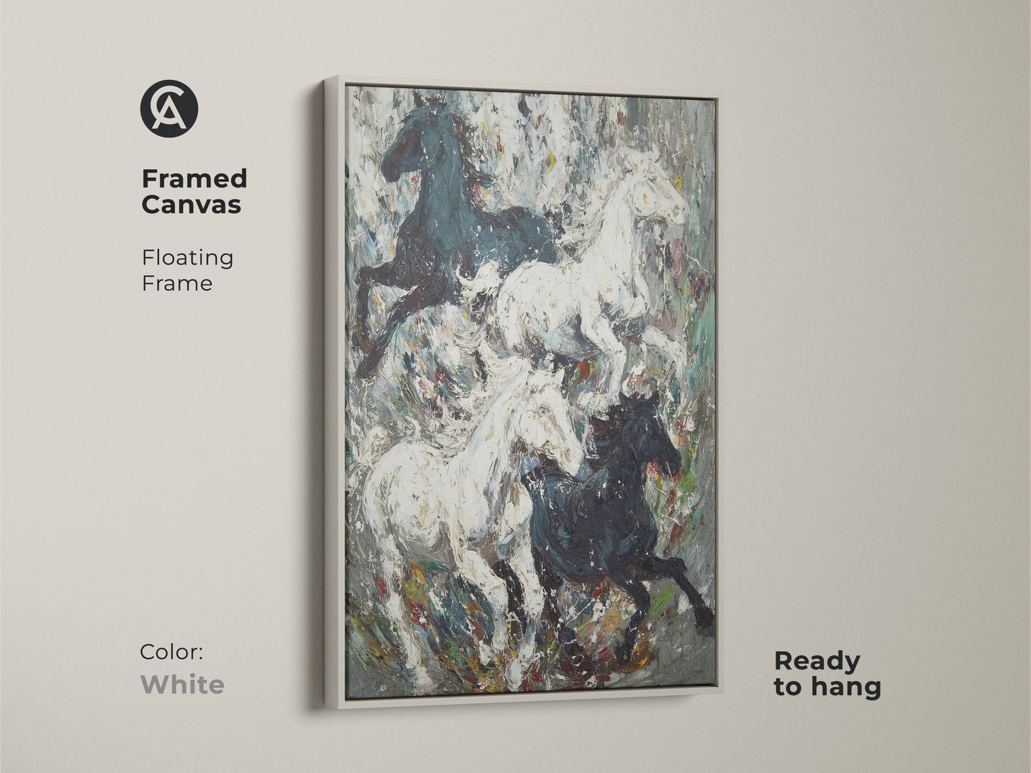 Framed canvas print of wild horses artwork with a floating white frame. Impressionistic black and white animal art adds a modern touch to your home. Ready to hang equestrian decor for any room. Perfect for a minimalist aesthetic. A high-quality fine art print.