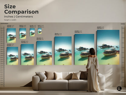 Size Comparison illustrates Inches Centimeters height x width. Various sizes of the artwork displayed above a sofa. Choose the ideal size to enhance your living room decor.