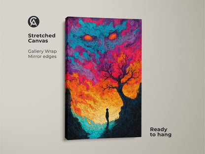 A stretched canvas showcases striking artwork. The art features a vibrant sky monster looming over a lone figure. The gallery wrap and mirrored edges create a seamless presentation. This ready-to-hang piece adds a touch of fantasy to your home decor. Get yours today.
