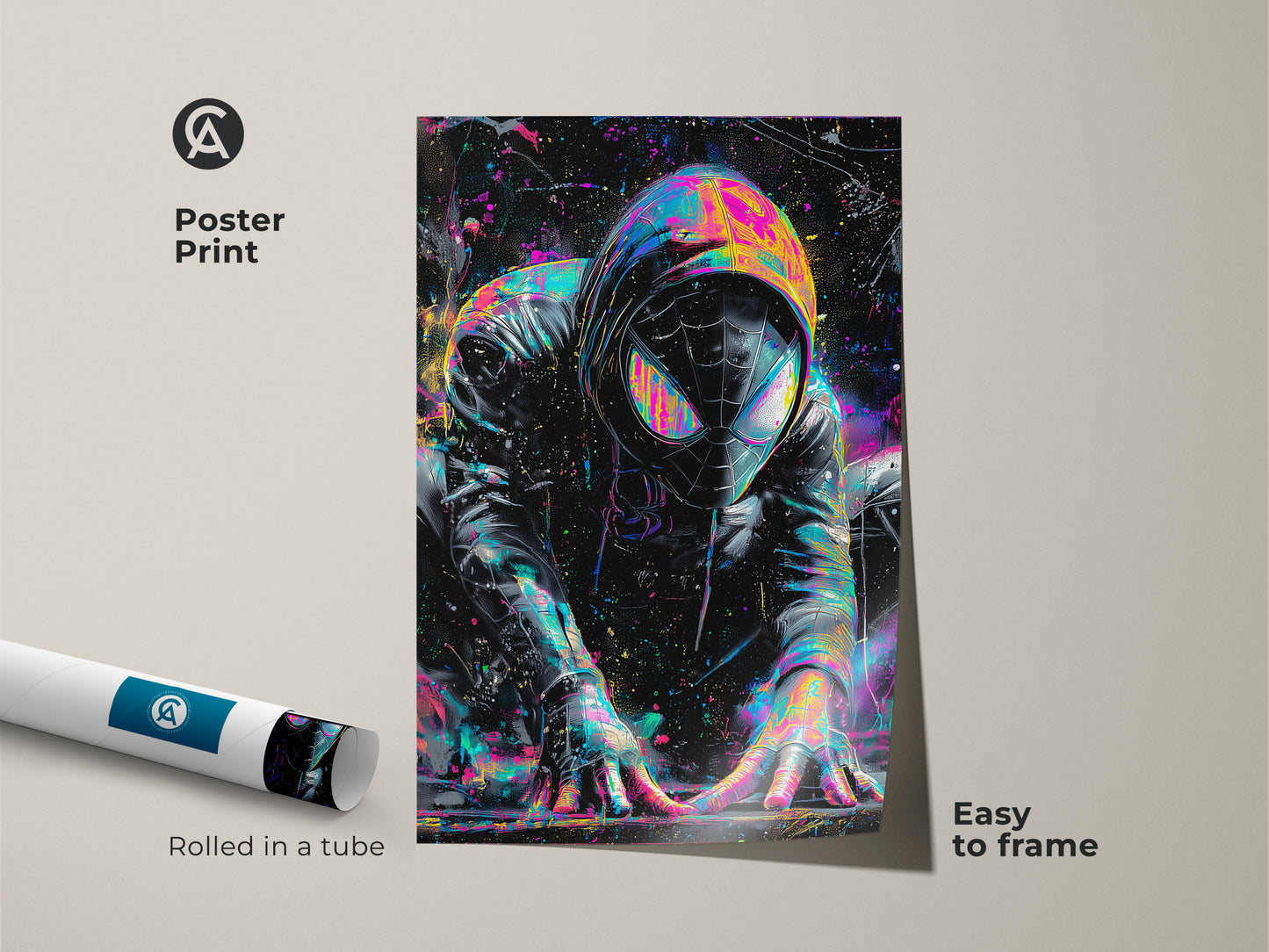 Rolled poster print of a comic book superhero. The artwork features vibrant colors and a splash art style. This museum-quality paper print is easy to frame and add to any wall. Great art for comic book fans.
