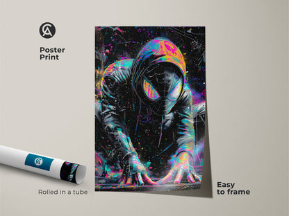 Rolled poster print of a comic book superhero. The artwork features vibrant colors and a splash art style. This museum-quality paper print is easy to frame and add to any wall. Great art for comic book fans.