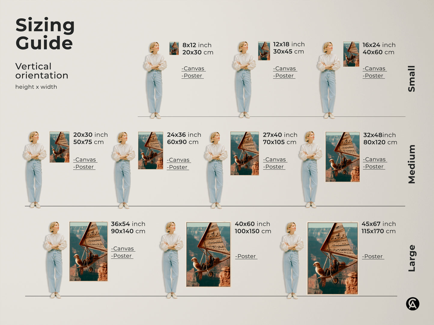 Sizing Guide for Vertical Orientation of Surreal Flight Canvas Art. Available in small medium and large sizes. Choose from canvas or poster prints. This musician eagle hang glider art in teal orange and brown will make a statement in any space.