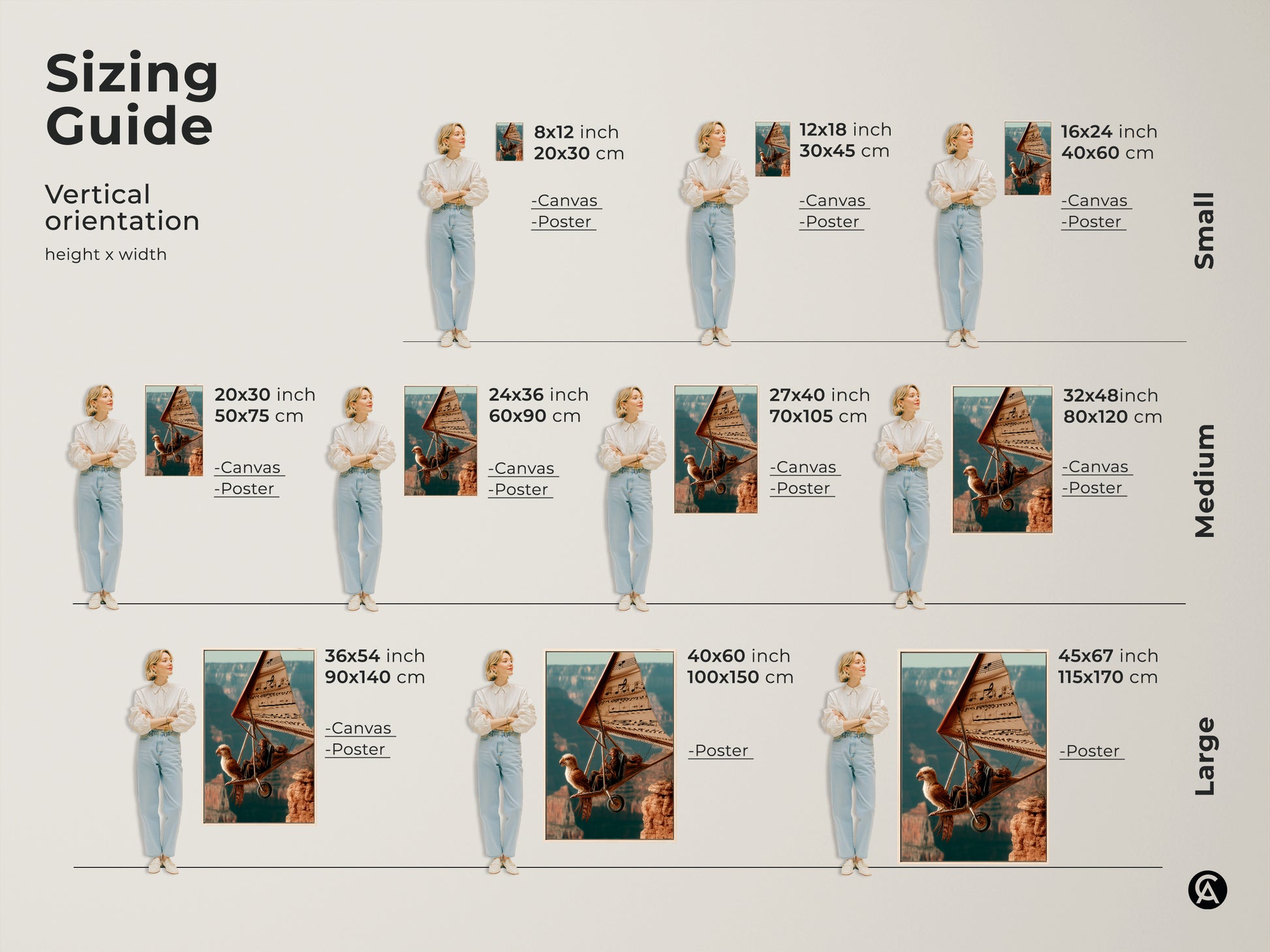 Sizing Guide for Vertical Orientation of Surreal Flight Canvas Art. Available in small medium and large sizes. Choose from canvas or poster prints. This musician eagle hang glider art in teal orange and brown will make a statement in any space.