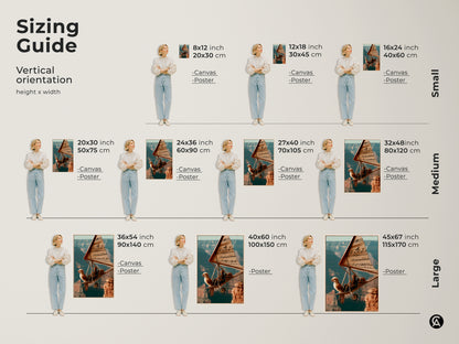 Sizing Guide for Vertical Orientation of Surreal Flight Canvas Art. Available in small medium and large sizes. Choose from canvas or poster prints. This musician eagle hang glider art in teal orange and brown will make a statement in any space.