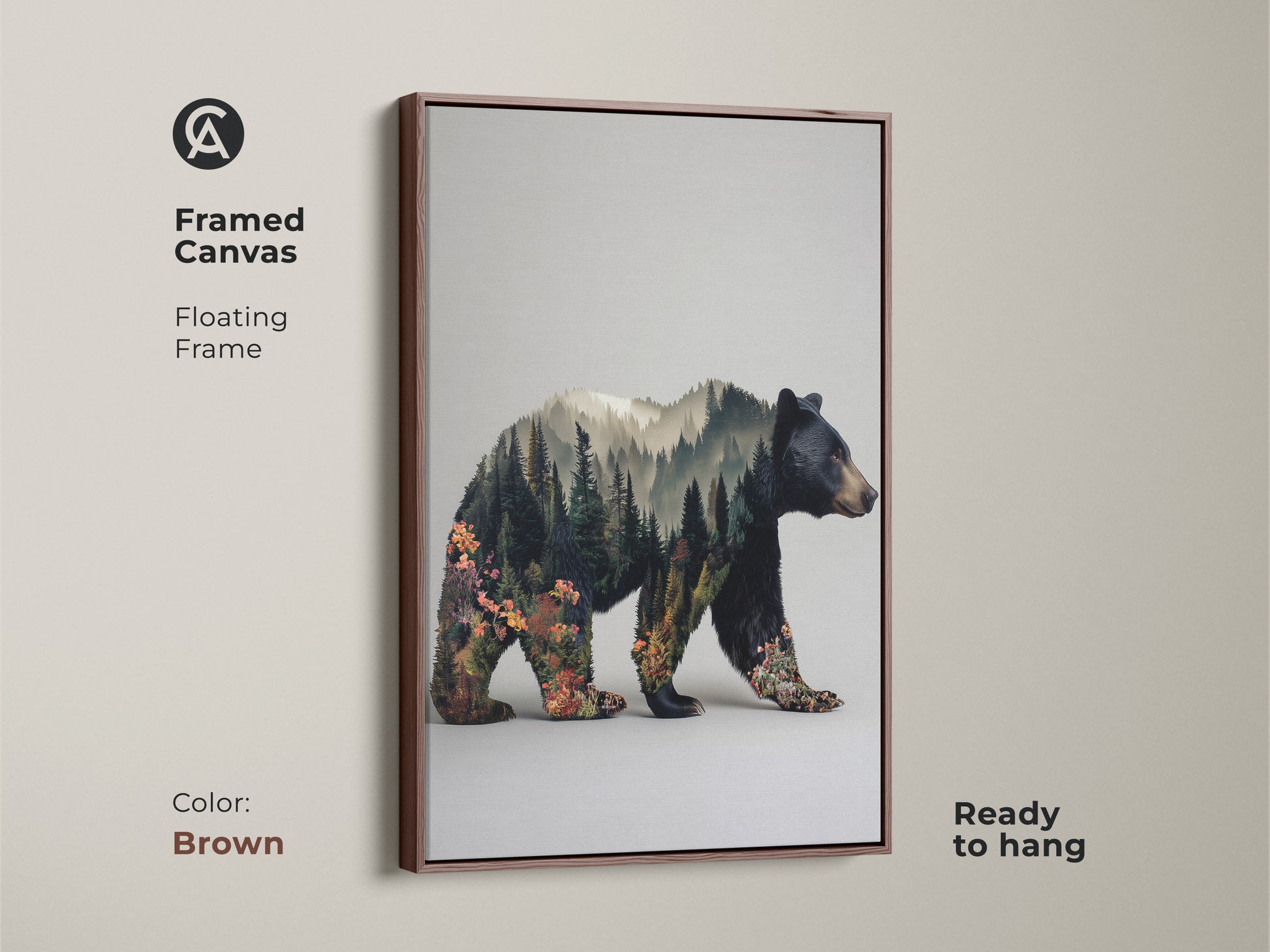 Brown framed canvas featuring a bear double exposure. Floating frame accentuates rustic modern animal art. This nature lovers gift idea is ready to hang. The forest landscape canvas print brings nature indoors. Perfect for cabin decor.