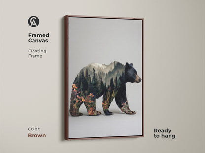 Brown framed canvas featuring a bear double exposure. Floating frame accentuates rustic modern animal art. This nature lovers gift idea is ready to hang. The forest landscape canvas print brings nature indoors. Perfect for cabin decor.