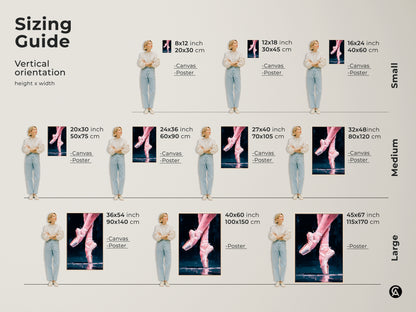 Sizing guide for vertical ballerina feet artwork. Available as canvas or poster in small medium and large sizes. Find the perfect fit for your wall decor. Transform your space with this beautiful ballet art.