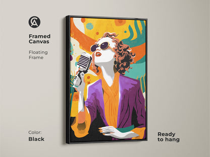 Framed canvas featuring a retro pop art singer in a black floating frame. The abstract music wall art has a vintage microphone. Eclectic orange and teal hues make this a unique musician artwork gift. Ready to hang adding a lively touch to any room.