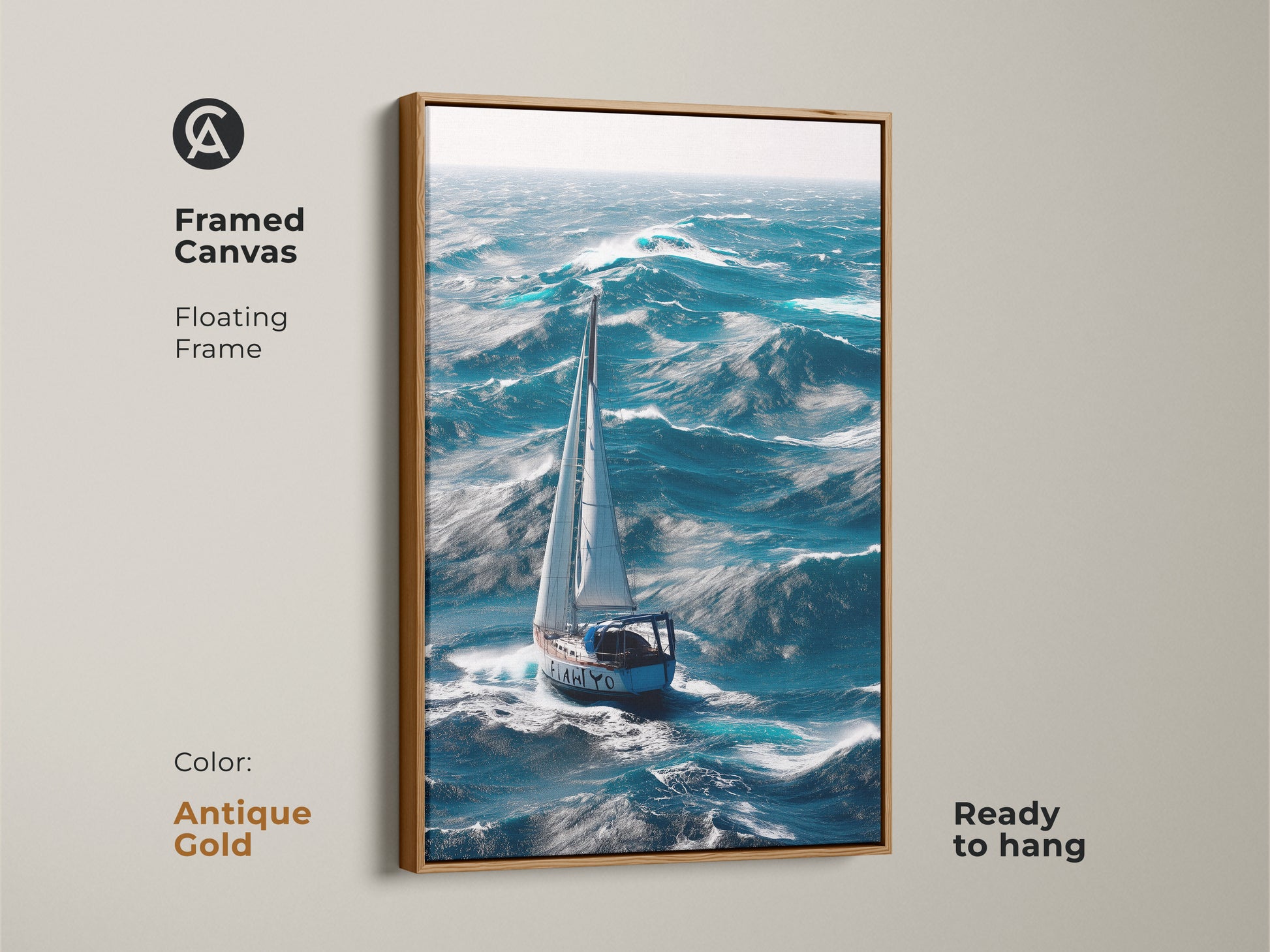 Antique gold framed canvas displays a sailboat on stormy ocean waves. The nautical wall art brings maritime adventure to your home.  Deep blue and teal artwork enhances any coastal theme. A perfect housewarming gift for sailors or lovers of ocean breeze art.