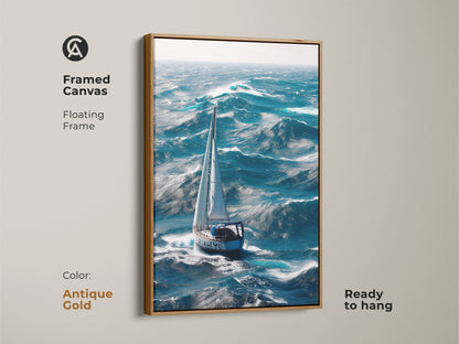 Antique gold framed canvas displays a sailboat on stormy ocean waves. The nautical wall art brings maritime adventure to your home.  Deep blue and teal artwork enhances any coastal theme. A perfect housewarming gift for sailors or lovers of ocean breeze art.