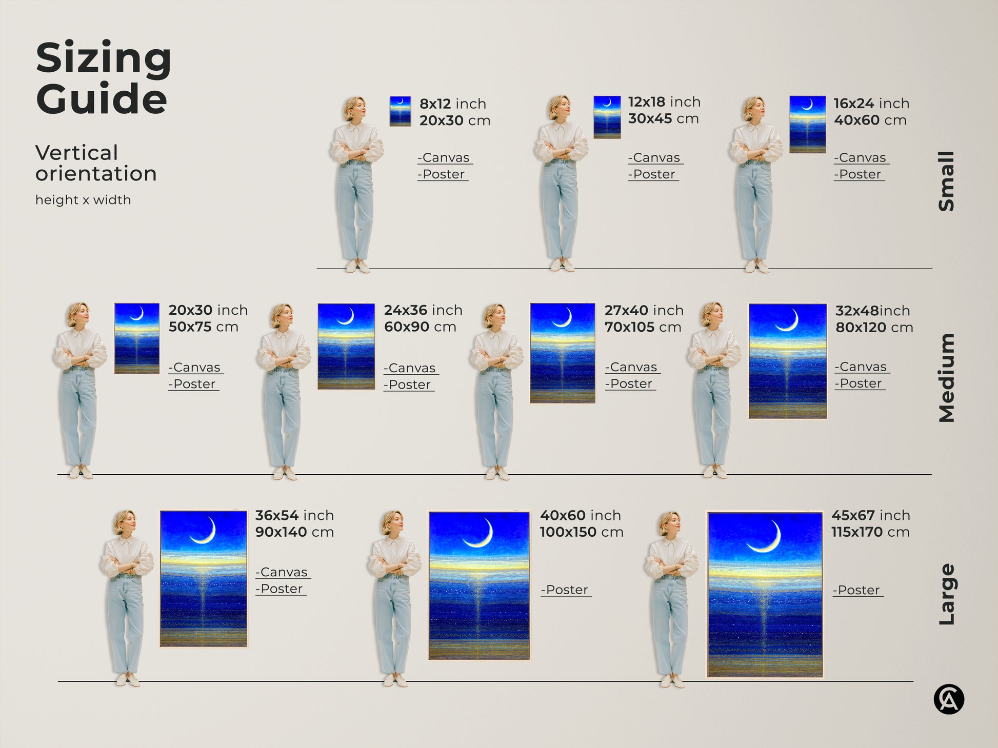 Sizing guide for abstract canvas and poster prints. The celestial art comes in various vertical orientations. Multiple sizes are available for bedroom or office spaces.