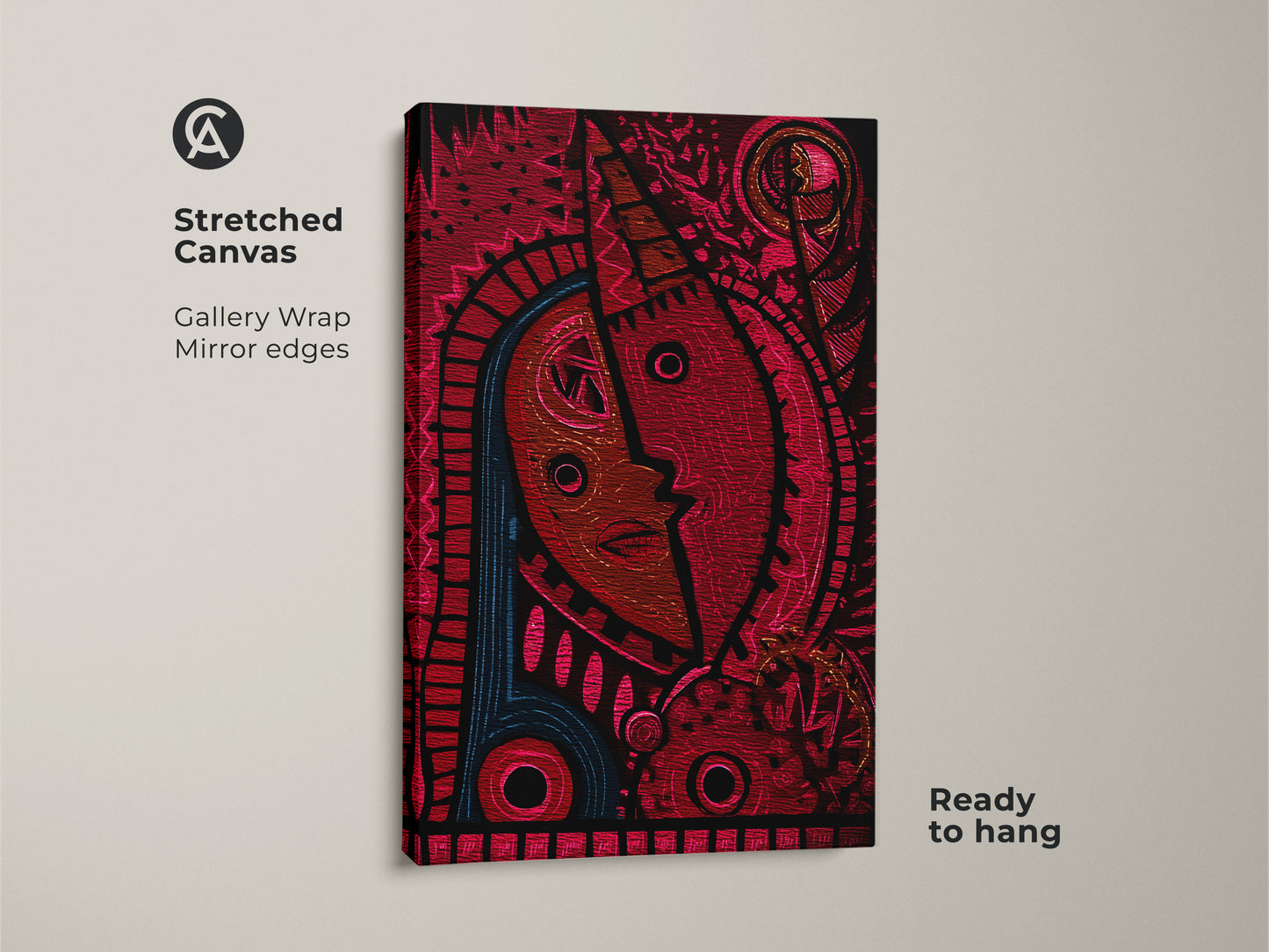 Stretched canvas art of a tribal face mask. The abstract artwork combines red and blue tones. Gallery wrapped with mirrored edges it's ready to hang. Ideal for eclectic home decor this piece is a bold statement.