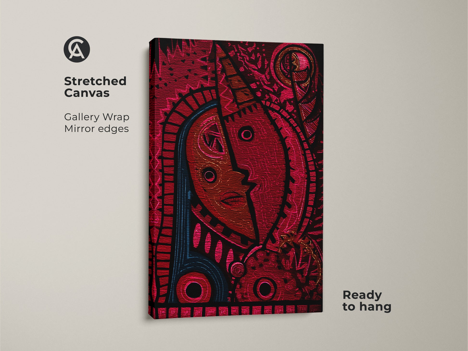 Stretched canvas art of a tribal face mask. The abstract artwork combines red and blue tones. Gallery wrapped with mirrored edges it's ready to hang. Ideal for eclectic home decor this piece is a bold statement.