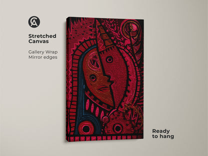 Stretched canvas art of a tribal face mask. The abstract artwork combines red and blue tones. Gallery wrapped with mirrored edges it's ready to hang. Ideal for eclectic home decor this piece is a bold statement.