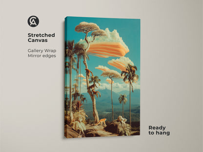 Stretched Canvas featuring playful lemurs among exotic trees and a breathtaking landscape. This surreal lemur canvas art is perfect as a home office surreal decor or a tropical wildlife canvas. Ready to hang and display.