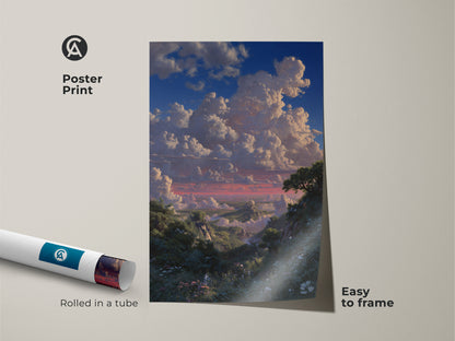 Poster print of a blue green nature wall art rolled in a tube. Easy to frame scenic mountain view print adds romanticism inspired art to home decor. It's art for nature lovers.
