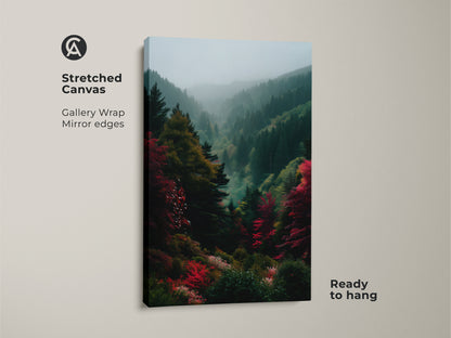 Gallery wrapped stretched canvas art showcasing a misty mountain view. The fine art print has mirror edges. Ready to hang this landscape artwork. Shop now and elevate your home decor.