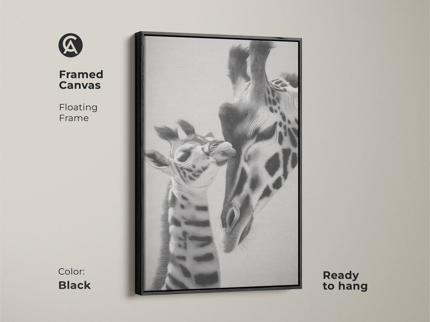 Framed canvas featuring a monochrome giraffe art print. It is a realistic pencil sketch of a mother and baby giraffe. Ready to hang this black framed artwork is perfect for modern wildlife art animal family portrait.