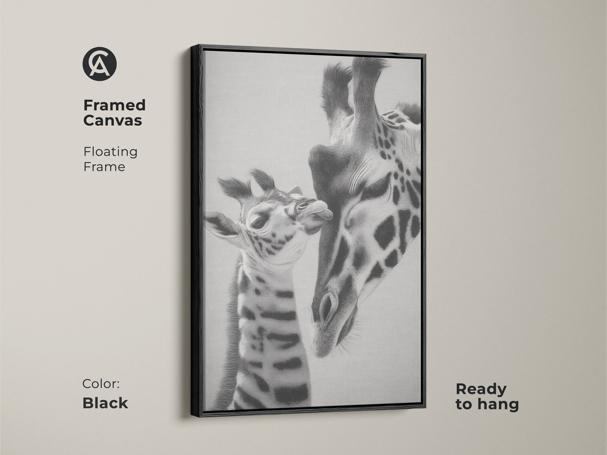 Framed canvas featuring a monochrome giraffe art print. It is a realistic pencil sketch of a mother and baby giraffe. Ready to hang this black framed artwork is perfect for modern wildlife art animal family portrait.