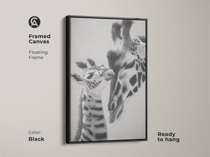 Framed canvas featuring a monochrome giraffe art print. It is a realistic pencil sketch of a mother and baby giraffe. Ready to hang this black framed artwork is perfect for modern wildlife art animal family portrait.