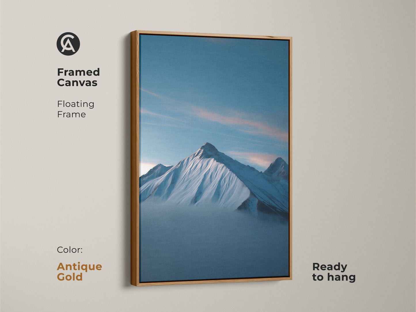 Framed canvas in antique gold featuring a Snowy Mountain Landscape. The deep blue landscape print is a ready to hang minimalist nature artwork. Perfect modern decor for an office or bedroom.