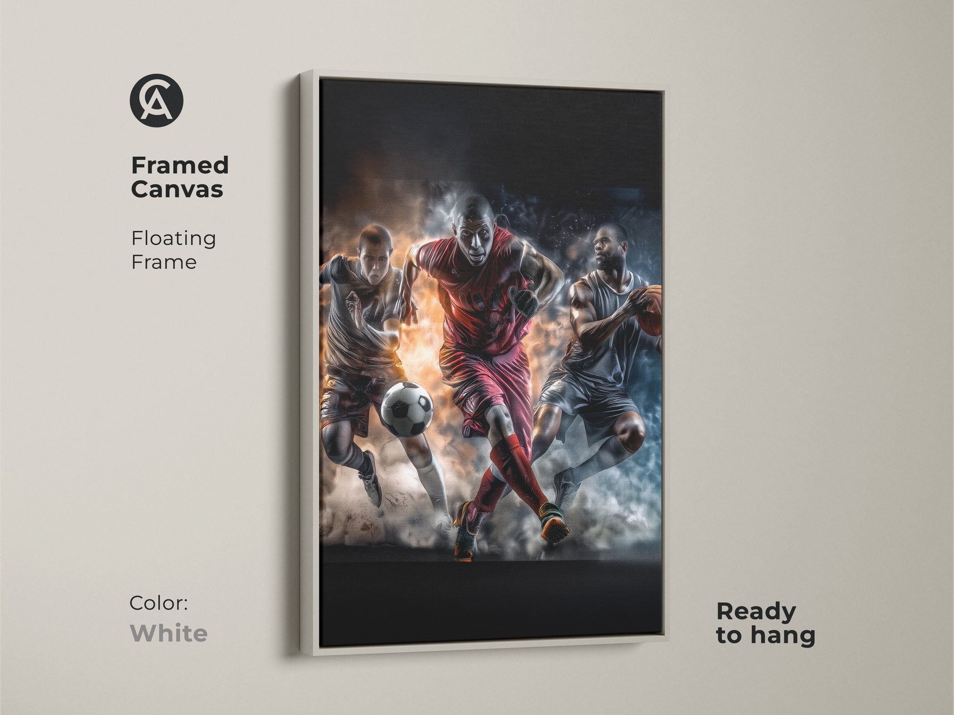 White framed canvas featuring soccer football and basketball players. The clean white frame offers a contemporary look. Ready to hang and brighten any room with sports art.