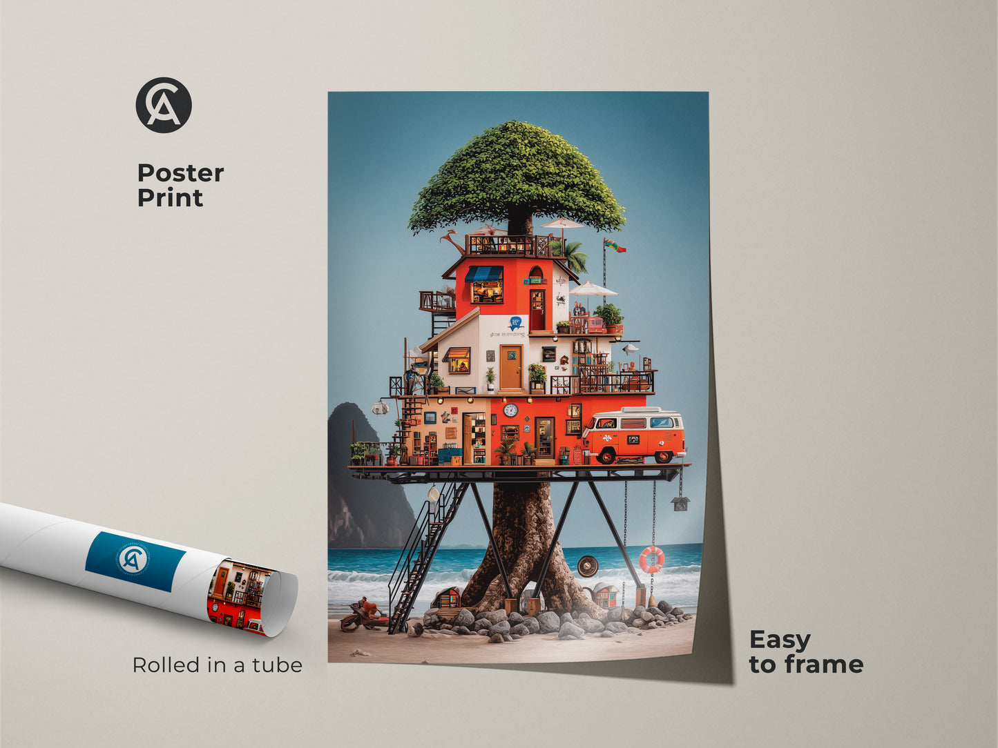 A poster print showcases an eclectic treehouse art print. The vintage camper van adds a touch of adventure. The red orange and blue nature canvas is easy to frame. It's perfect for unique housewarming gifts or van life decor art.