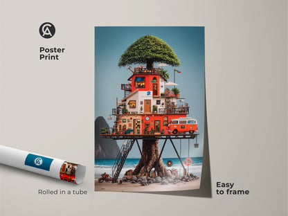 A poster print showcases an eclectic treehouse art print. The vintage camper van adds a touch of adventure. The red orange and blue nature canvas is easy to frame. It's perfect for unique housewarming gifts or van life decor art.