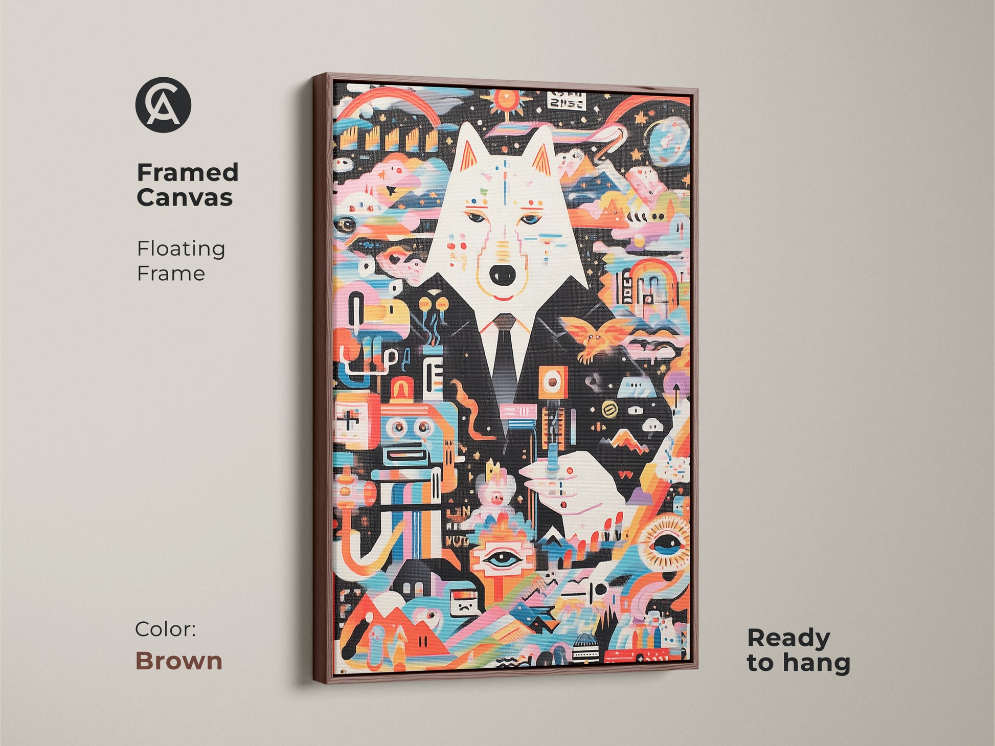 Framed in brown canvas featuring an abstract wolf. This surreal robot animal artwork brings an eclectic modern touch. The floating frame is ready to hang in any space. This multicolor print is a unique piece. Perfect as a gift for art lovers seeking vibrant home decor.