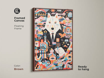 Framed in brown canvas featuring an abstract wolf. This surreal robot animal artwork brings an eclectic modern touch. The floating frame is ready to hang in any space. This multicolor print is a unique piece. Perfect as a gift for art lovers seeking vibrant home decor.