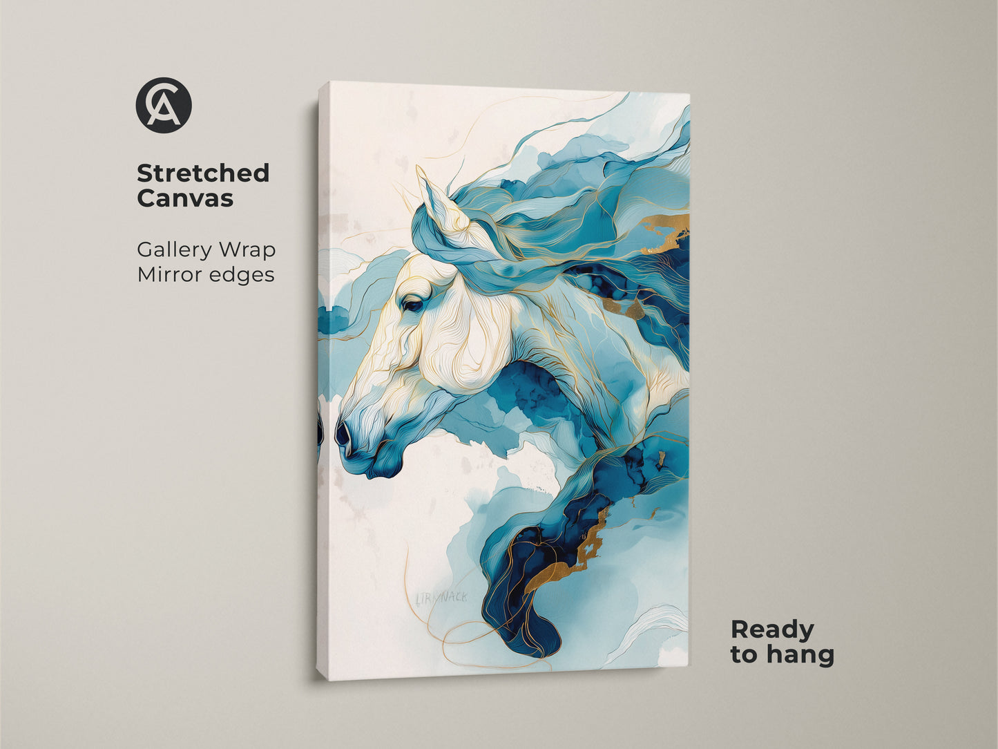 Stretched canvas featuring a blue and gold abstract horse. This equine artwork uses fluid art. Gallery wrapped with mirrored edges it is ready to hang. A modern abstract animal print for home decor.