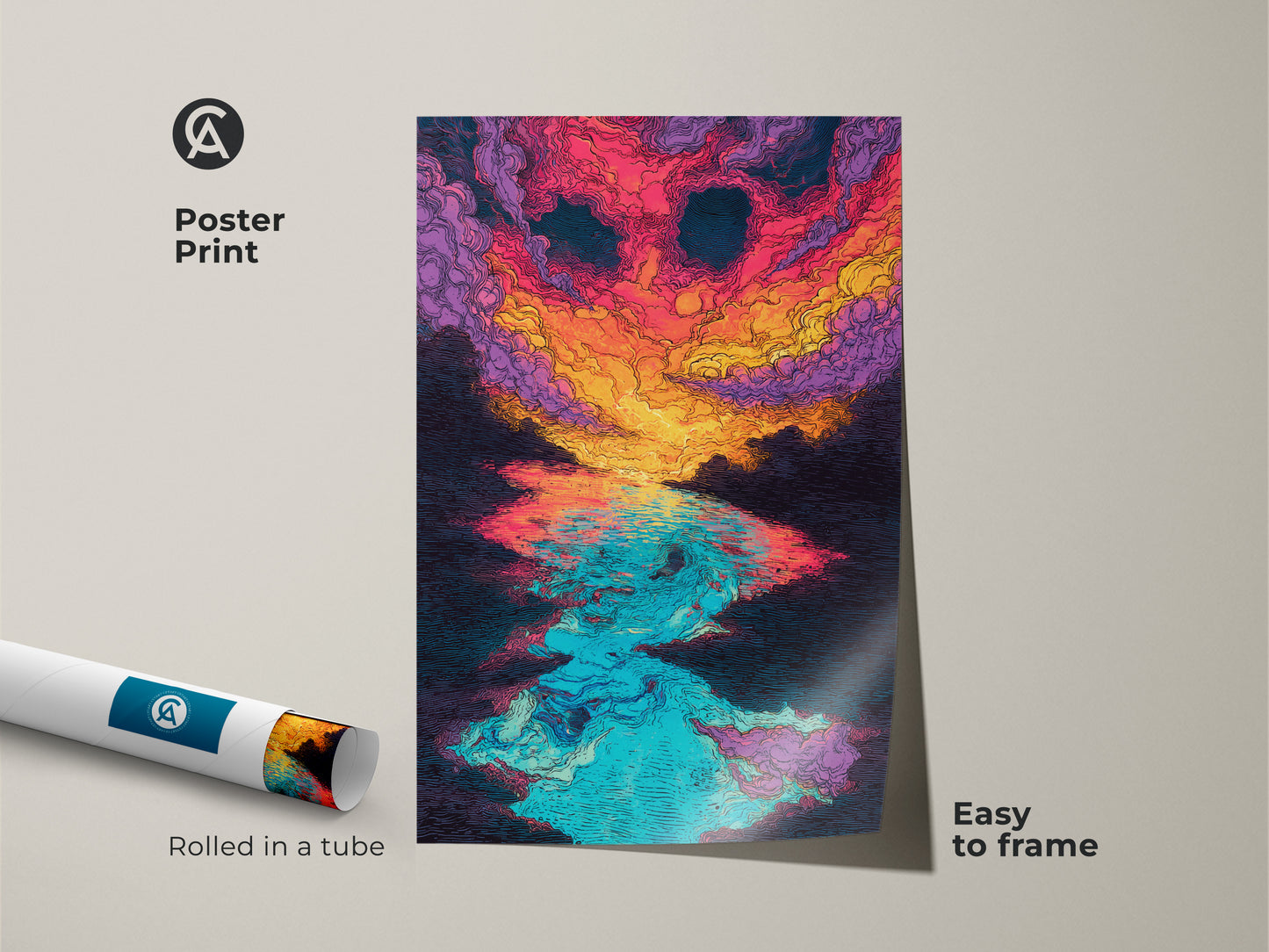 Poster print of an abstract sunset over water illustration. The poster is rolled in a tube and easy to frame. The colorful art features pink orange and blue colors. It's a museum-quality paper print.