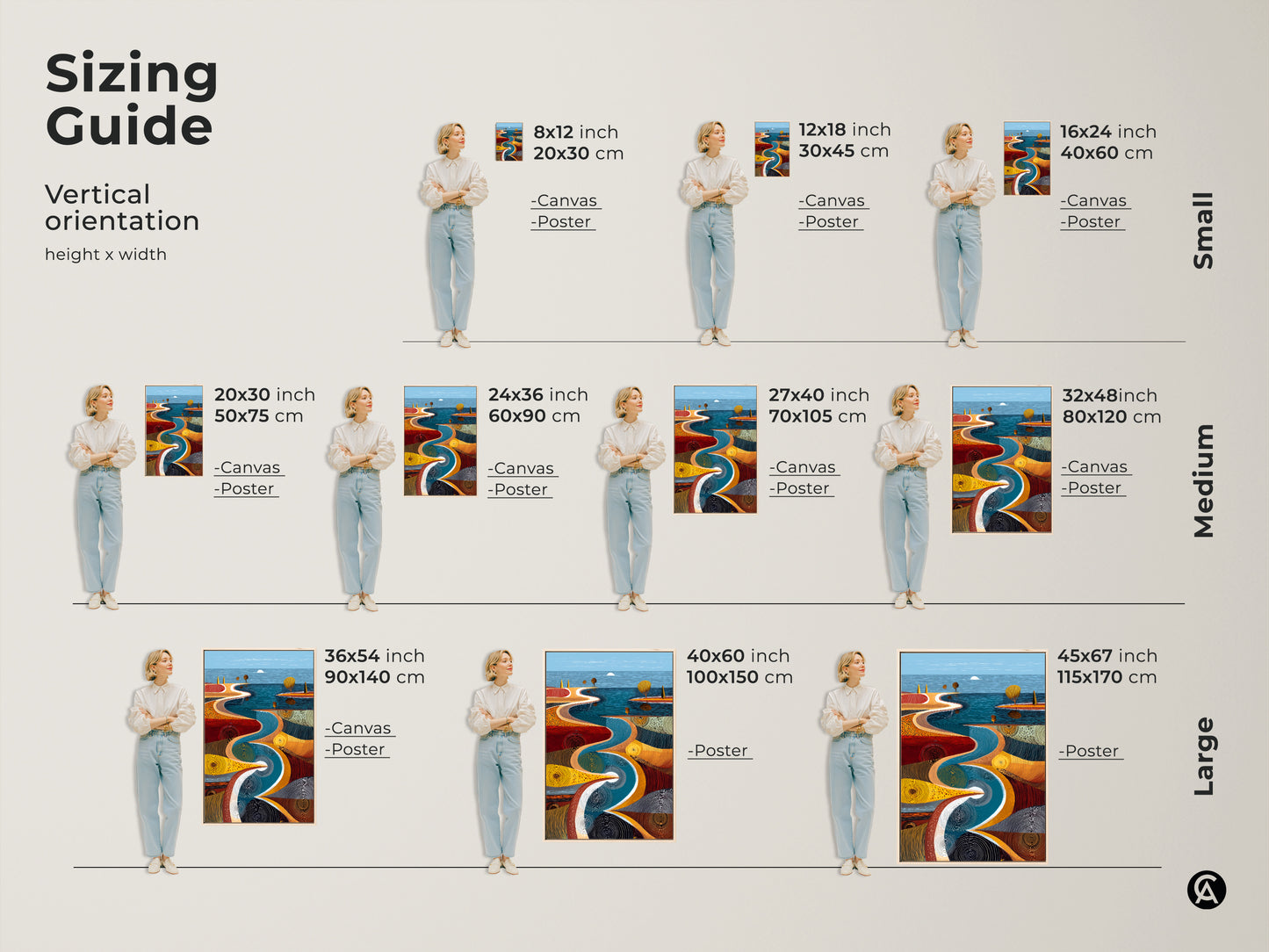 Sizing guide showing the vertical orientation of the river path canvas. Visualize small medium and large sizes in inches and centimeters. Ideal for selecting the perfect scale for your wall decor.