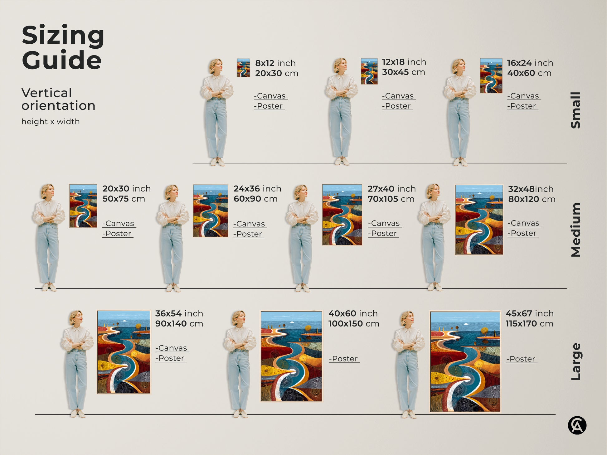 Sizing guide showing the vertical orientation of the river path canvas. Visualize small medium and large sizes in inches and centimeters. Ideal for selecting the perfect scale for your wall decor.