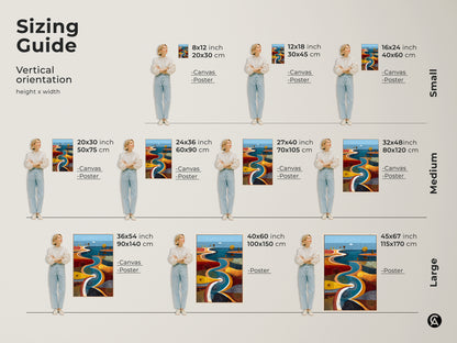 Sizing guide showing the vertical orientation of the river path canvas. Visualize small medium and large sizes in inches and centimeters. Ideal for selecting the perfect scale for your wall decor.