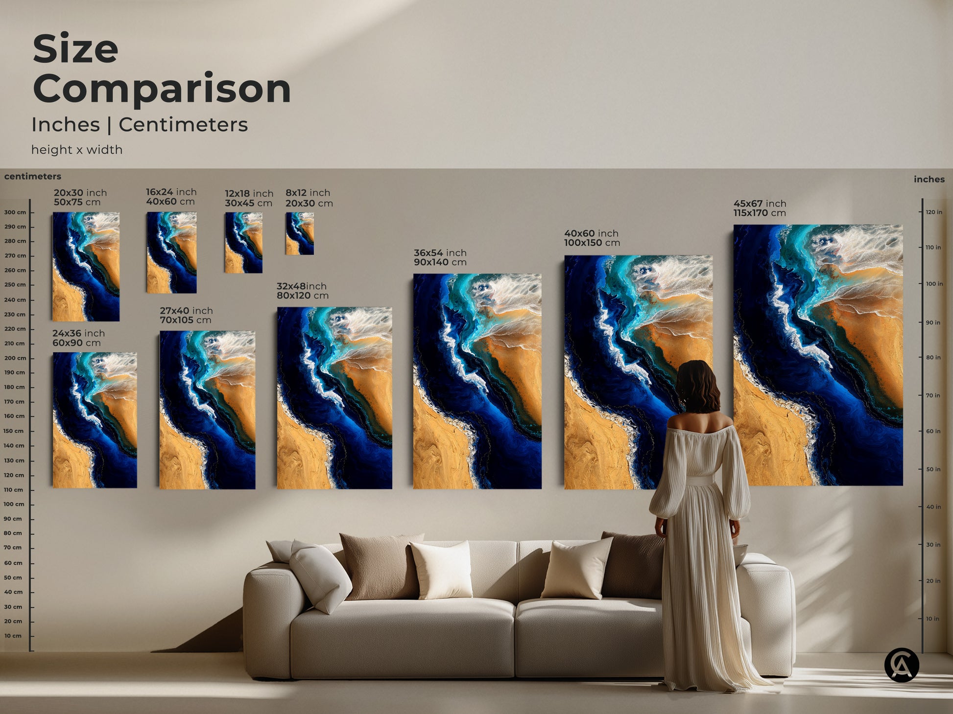 Size comparison showing various dimensions of abstract ocean art prints. See how the artwork fits above a sofa for scale. The fluid art beach print features deep blue and sandy gold colors. Visualize the impact of different sizes in your living room. Perfect for making informed art purchases.