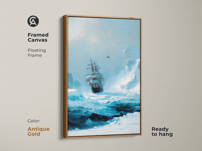 Framed arctic tall ship art with an antique gold floating frame. This ocean blue nautical artwork creates a maritime atmosphere. Ready to hang in any home office or living room.