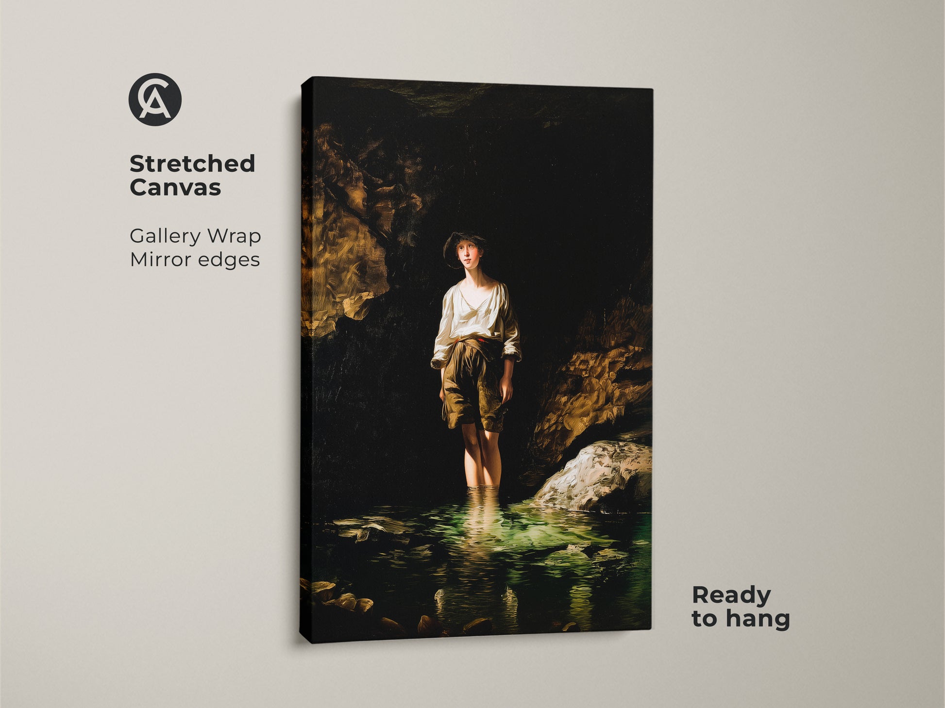 Stretched canvas print shows a boy standing in a river. This traditional art captures classical realism in a timeless landscape. Ready to hang with gallery wrapped edges. A perfect piece of figurative nature artwork for a traditional home.