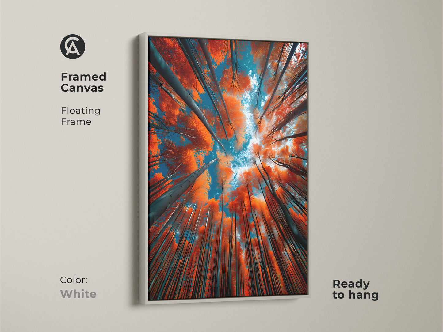 Framed canvas artwork of a forest canopy with a white floating frame. The art is ready to hang. The clean white frame enhances the artwork's vibrant colors. Perfect for modern and contemporary spaces.