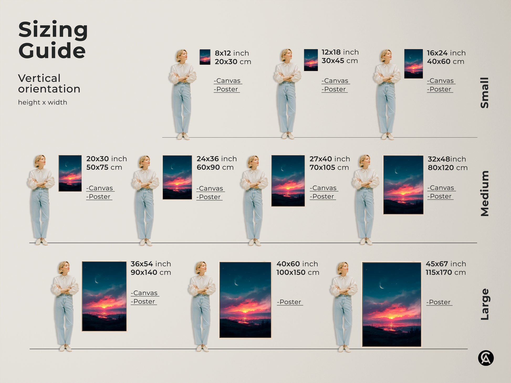 Find the perfect size for your sunset artwork. Our sizing guide helps you visualize the artwork in different dimensions. Choose from small medium or large sizes. Enhance your space with a stunning piece that fits your needs. Transform your walls with the beauty of nature.