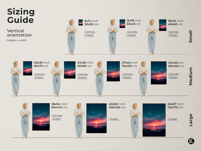 Find the perfect size for your sunset artwork. Our sizing guide helps you visualize the artwork in different dimensions. Choose from small medium or large sizes. Enhance your space with a stunning piece that fits your needs. Transform your walls with the beauty of nature.