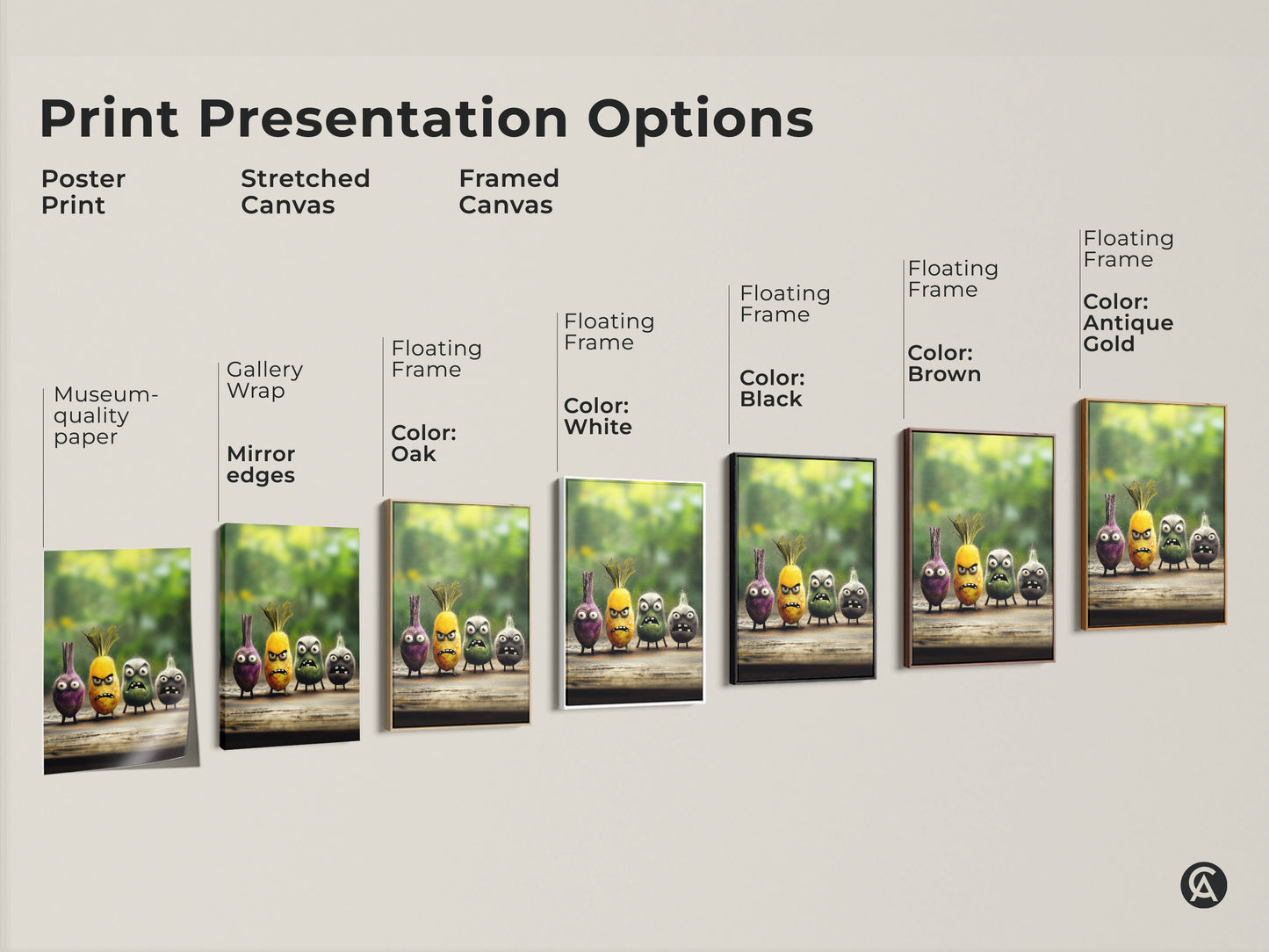 Various print presentation options showcasing quirky food characters. There's a stretched canvas poster and framed canvas. Funny onion pineapple art for eclectic decor. Get cartoon kitchen art perfect for foodies.