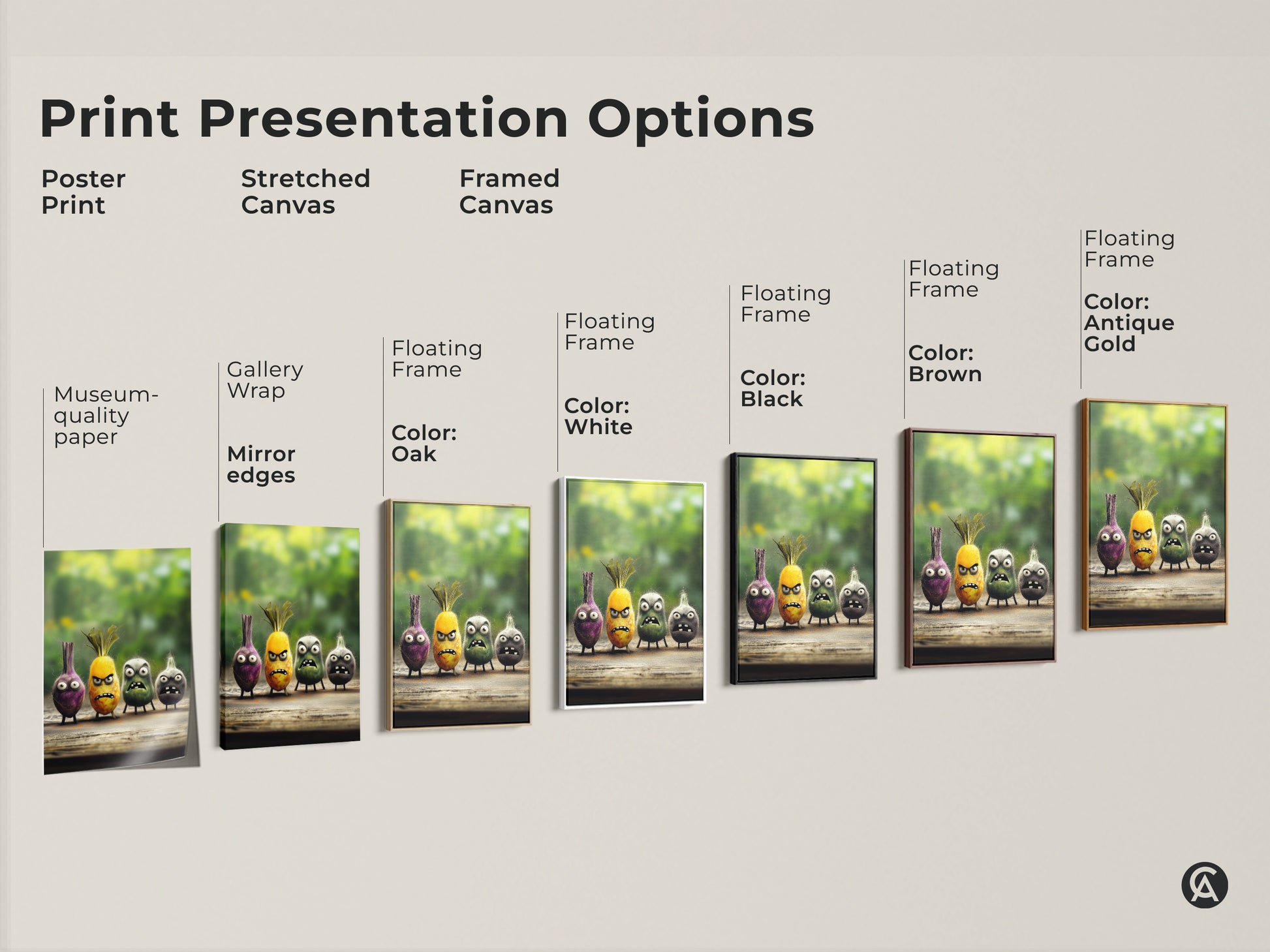 Various print presentation options showcasing quirky food characters. There's a stretched canvas poster and framed canvas. Funny onion pineapple art for eclectic decor. Get cartoon kitchen art perfect for foodies.