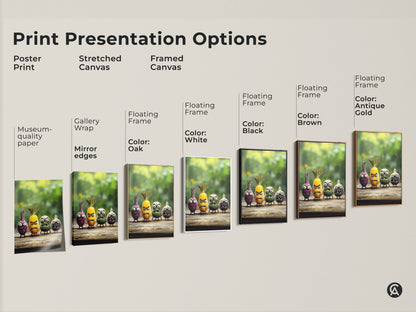 Various print presentation options showcasing quirky food characters. There's a stretched canvas poster and framed canvas. Funny onion pineapple art for eclectic decor. Get cartoon kitchen art perfect for foodies.